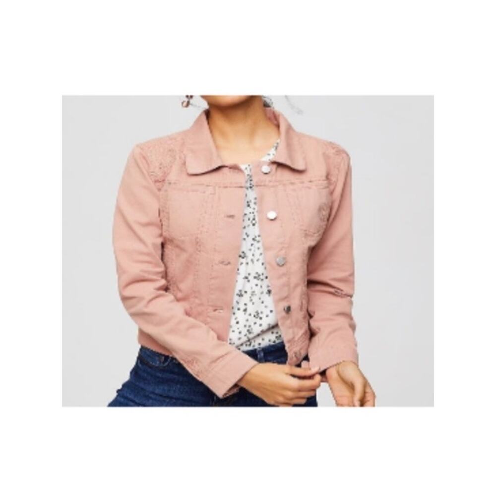 Loft Denim Jacket Size XL Rose Pink Paisley Embroidered 100% Cotton Jean Pockets